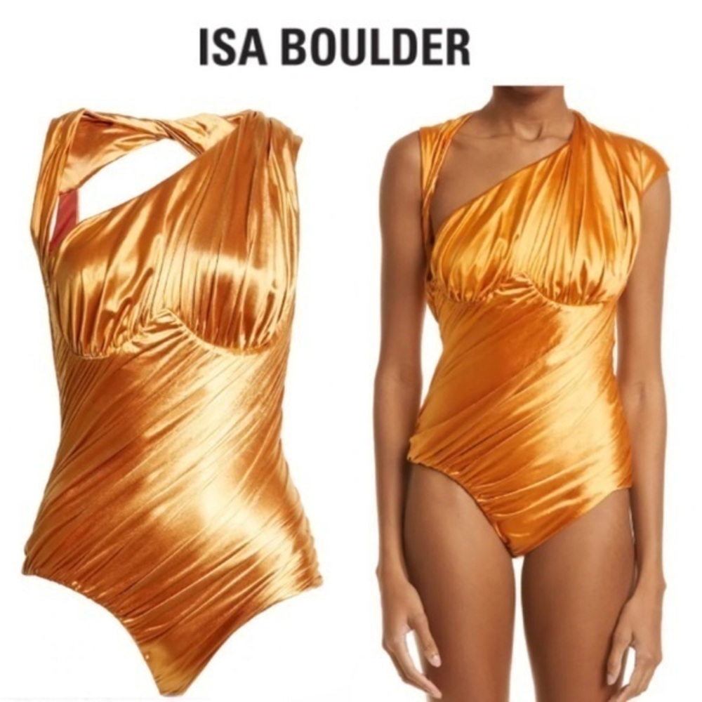 ISA BOULDER Sculpture Asymmetric Satin Swimsuit in Copper sz M 340$